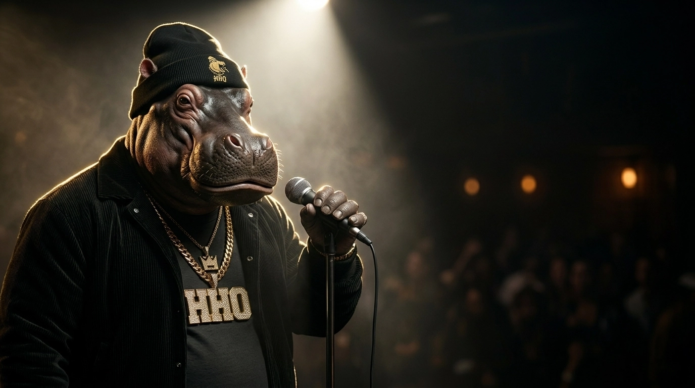 HipHopOpotamous on stage under a spotlight, holding a microphone with a gold HHO chain